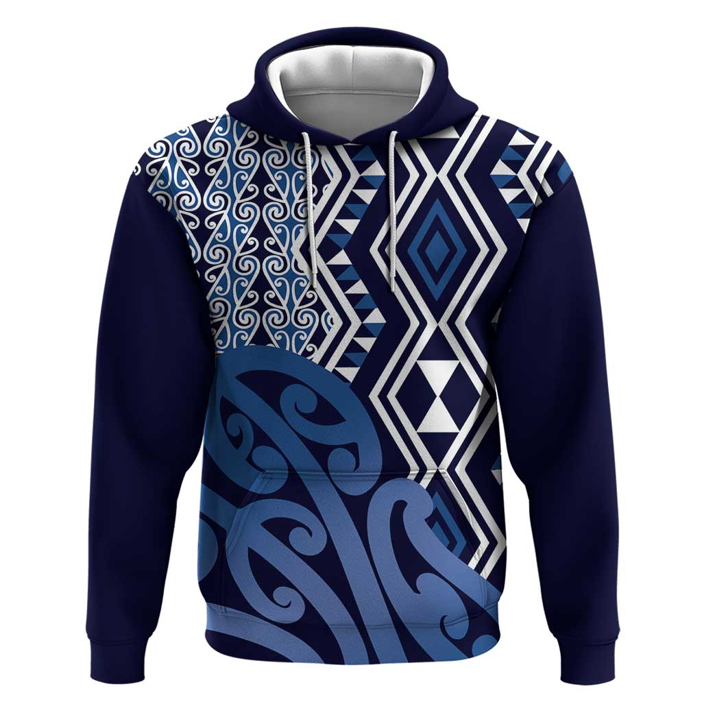 New Zealand Hoodie Aotearoa Kowhaiwhai Mix Taniko Art - Blue - Vibe Hoodie Shop