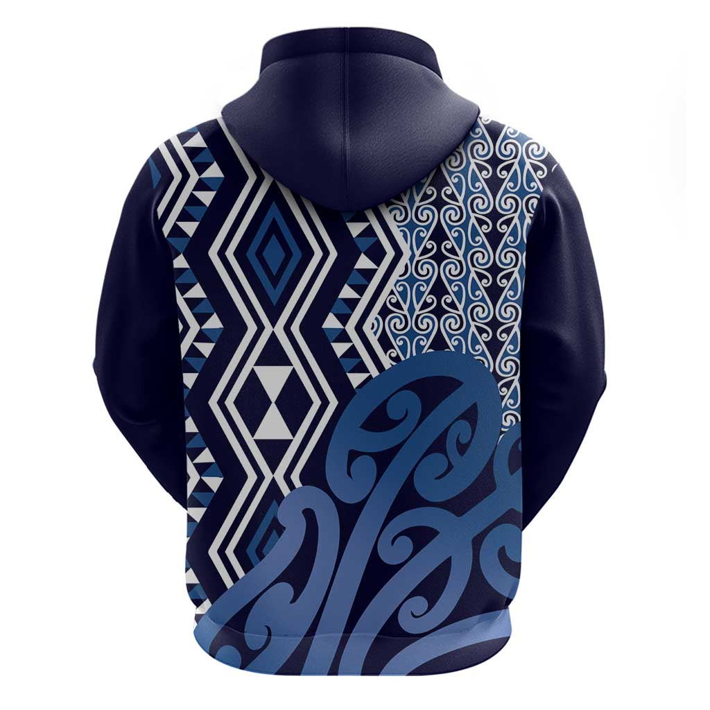 New Zealand Hoodie Aotearoa Kowhaiwhai Mix Taniko Art - Blue - Vibe Hoodie Shop