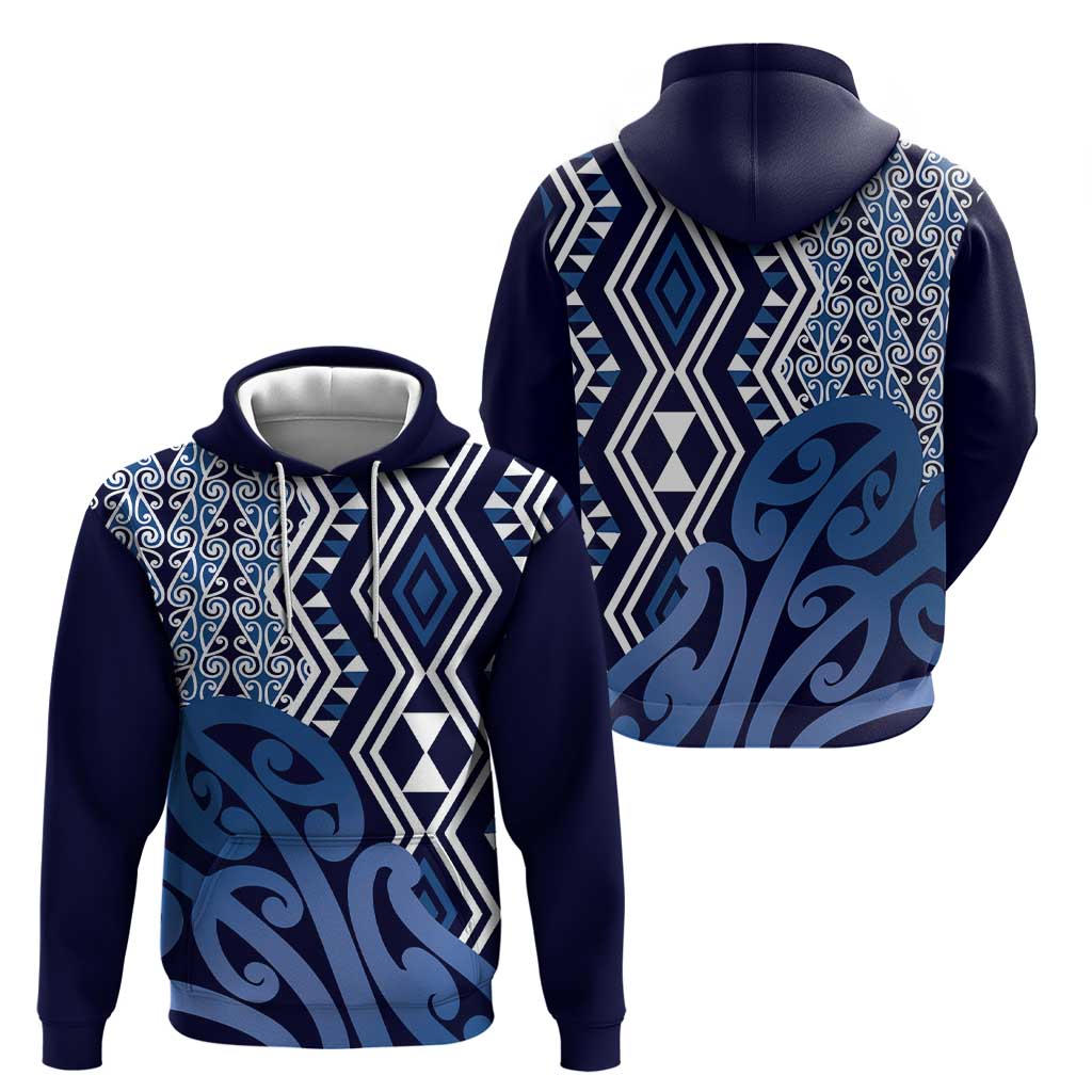 New Zealand Hoodie Aotearoa Kowhaiwhai Mix Taniko Art - Blue - Vibe Hoodie Shop