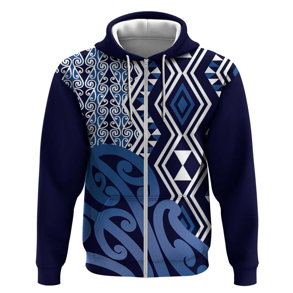 New Zealand Hoodie Aotearoa Kowhaiwhai Mix Taniko Art - Blue - Vibe Hoodie Shop