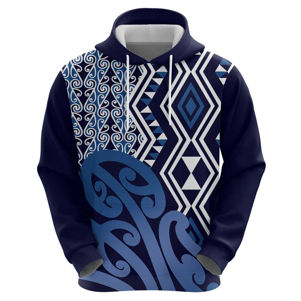 New Zealand Hoodie Aotearoa Kowhaiwhai Mix Taniko Art - Blue - Vibe Hoodie Shop