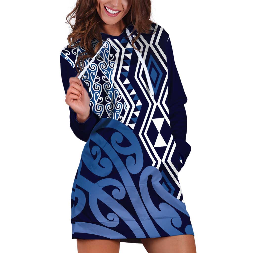 New Zealand Hoodie Dress Aotearoa Kowhaiwhai Mix Taniko Art - Blue - Vibe Hoodie Shop