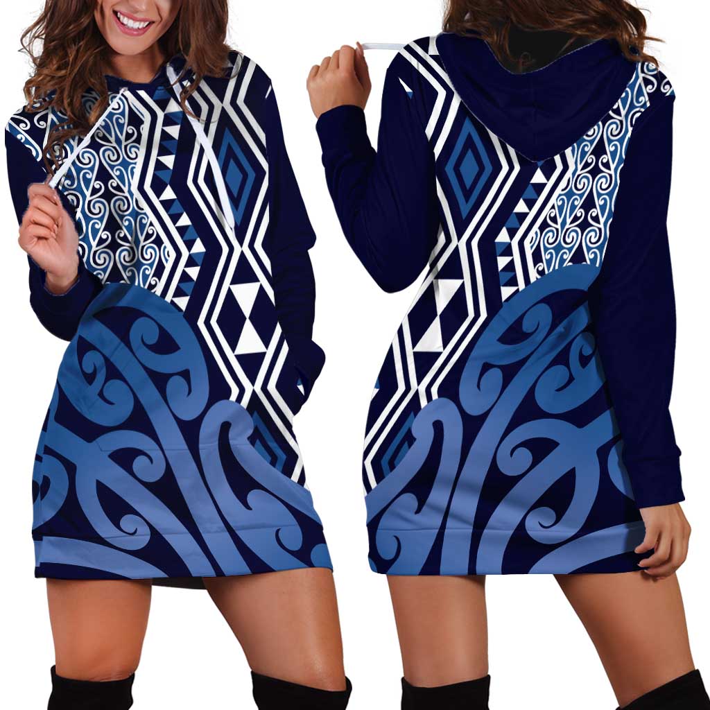 New Zealand Hoodie Dress Aotearoa Kowhaiwhai Mix Taniko Art - Blue - Vibe Hoodie Shop