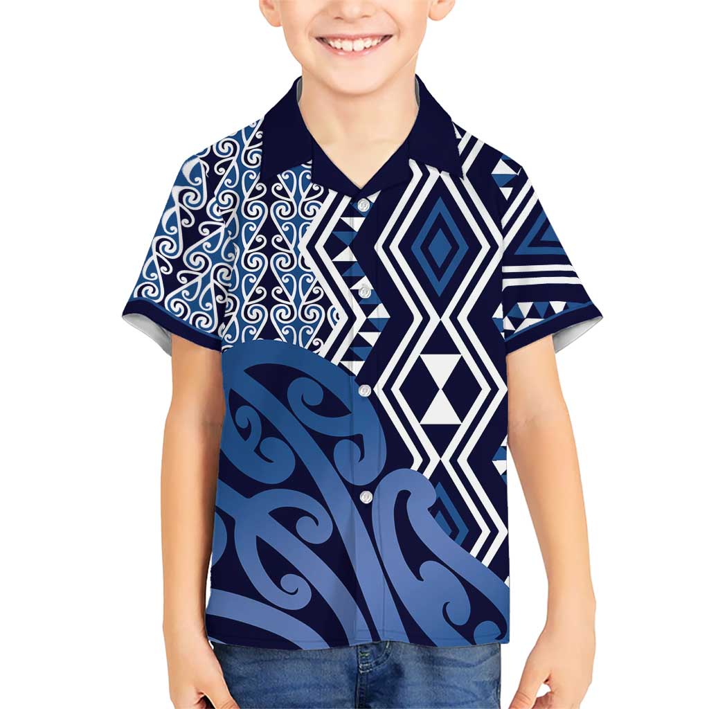 New Zealand Kid Hawaiian Shirt Aotearoa Kowhaiwhai Mix Taniko Art - Blue