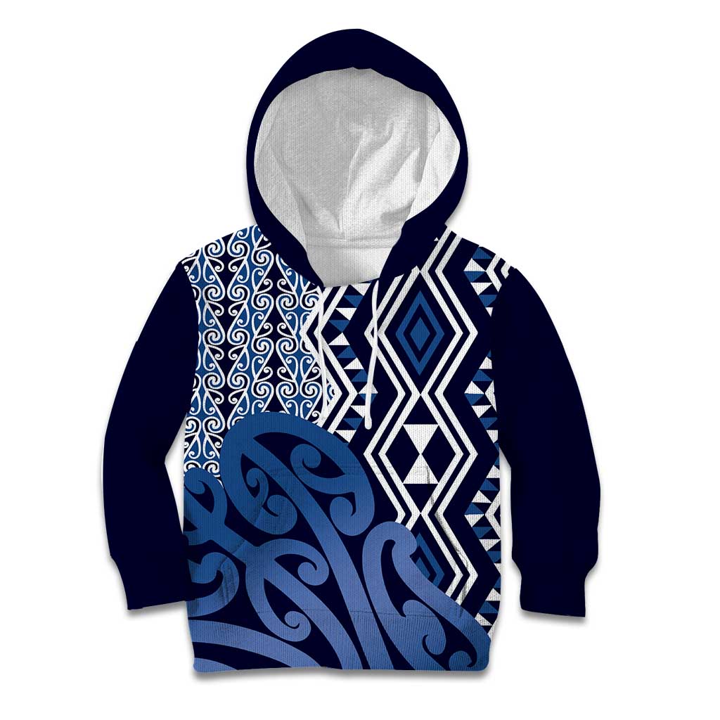 New Zealand Kid Hoodie Aotearoa Kowhaiwhai Mix Taniko Art - Blue - Vibe Hoodie Shop