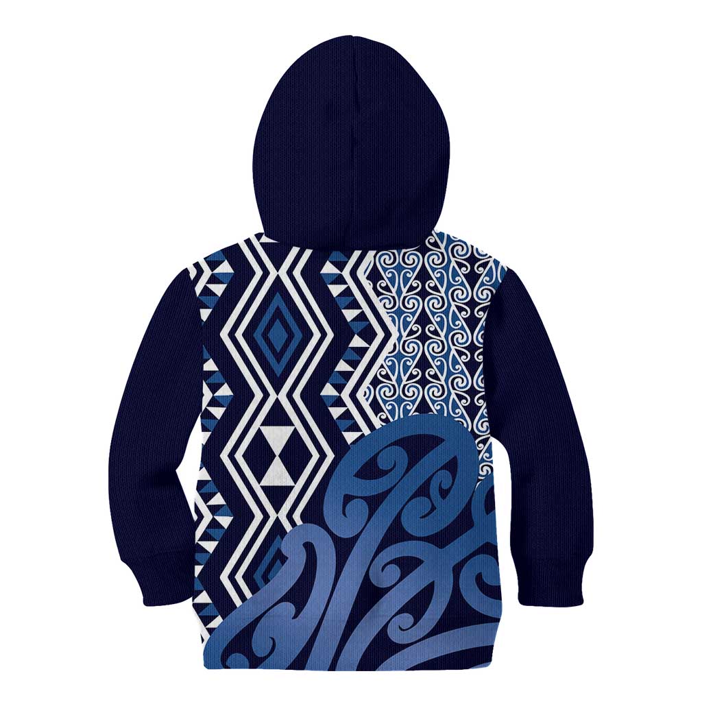 New Zealand Kid Hoodie Aotearoa Kowhaiwhai Mix Taniko Art - Blue - Vibe Hoodie Shop