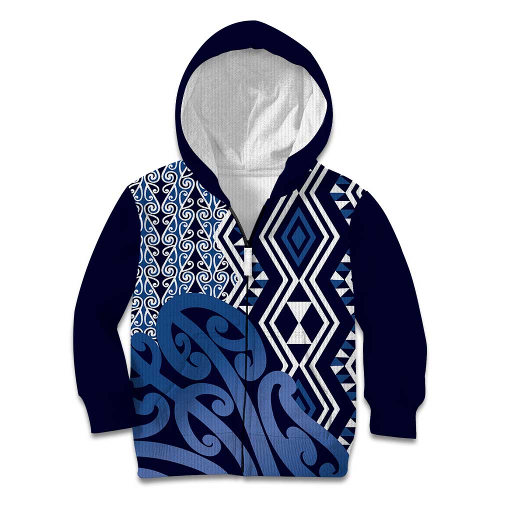 New Zealand Kid Hoodie Aotearoa Kowhaiwhai Mix Taniko Art - Blue - Vibe Hoodie Shop