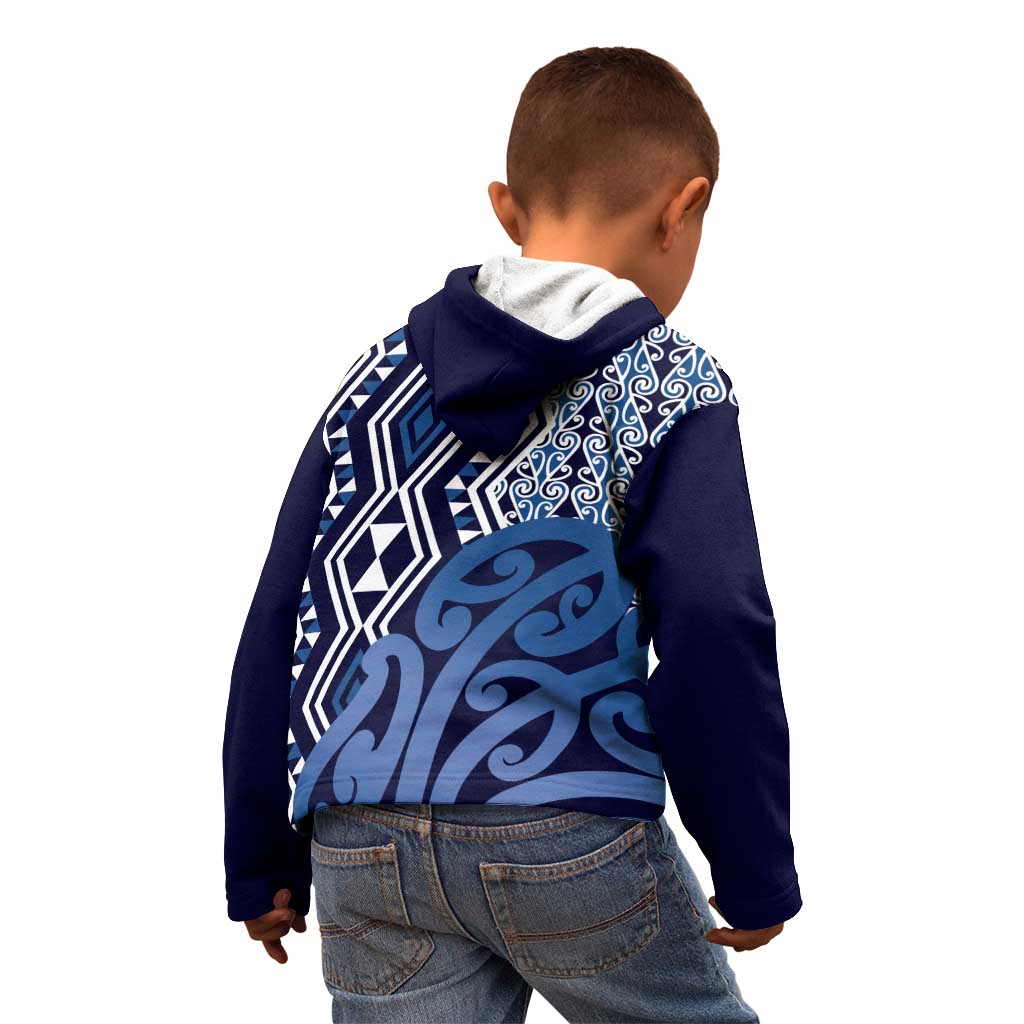 New Zealand Kid Hoodie Aotearoa Kowhaiwhai Mix Taniko Art - Blue - Vibe Hoodie Shop