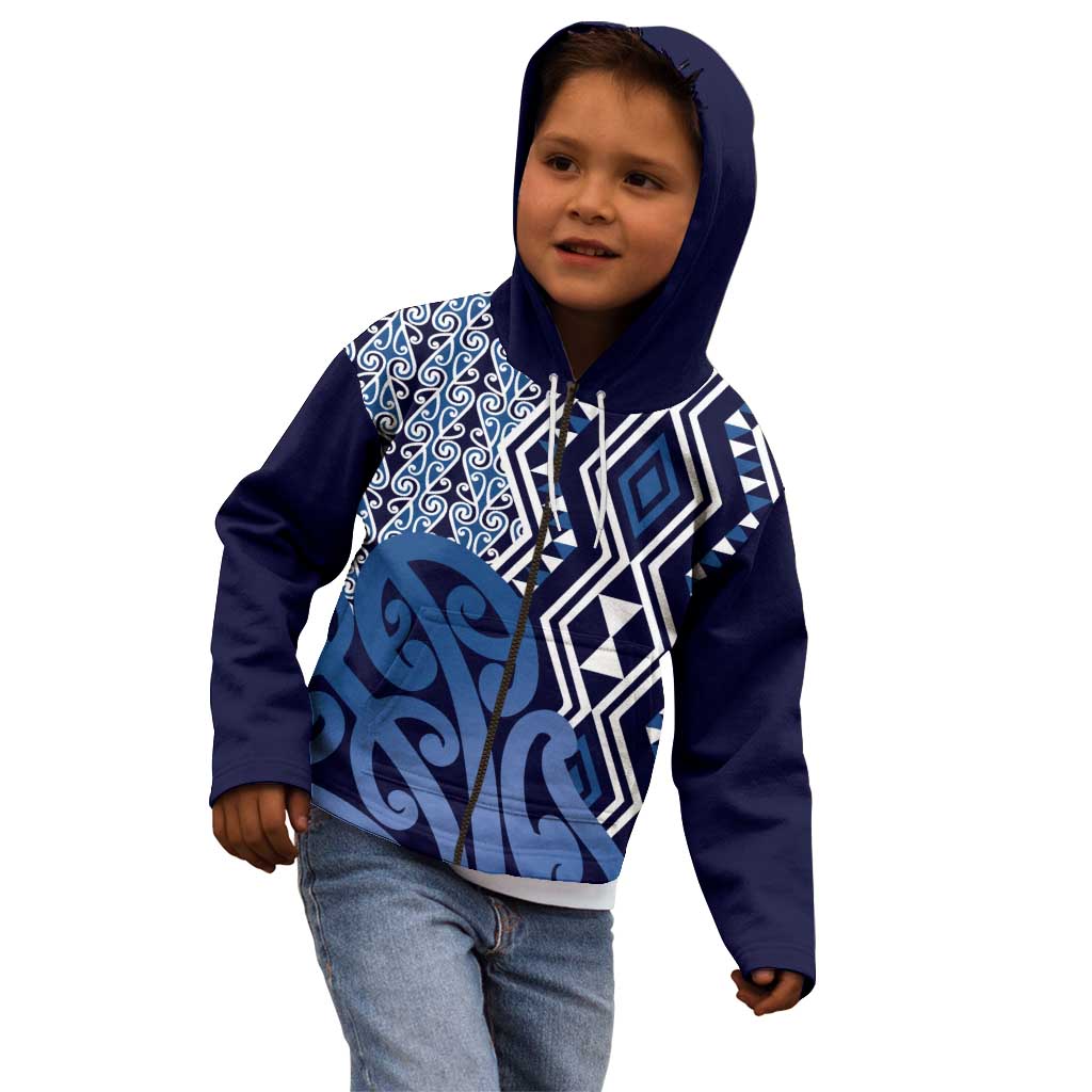 New Zealand Kid Hoodie Aotearoa Kowhaiwhai Mix Taniko Art - Blue - Vibe Hoodie Shop