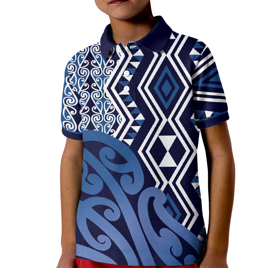 New Zealand Kid Polo Shirt Aotearoa Kowhaiwhai Mix Taniko Art - Blue - Vibe Hoodie Shop