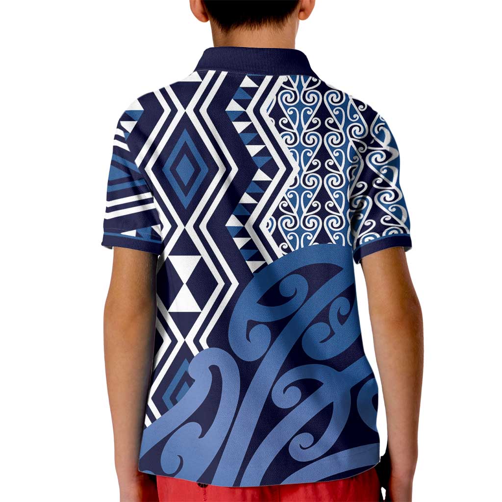 New Zealand Kid Polo Shirt Aotearoa Kowhaiwhai Mix Taniko Art - Blue - Vibe Hoodie Shop