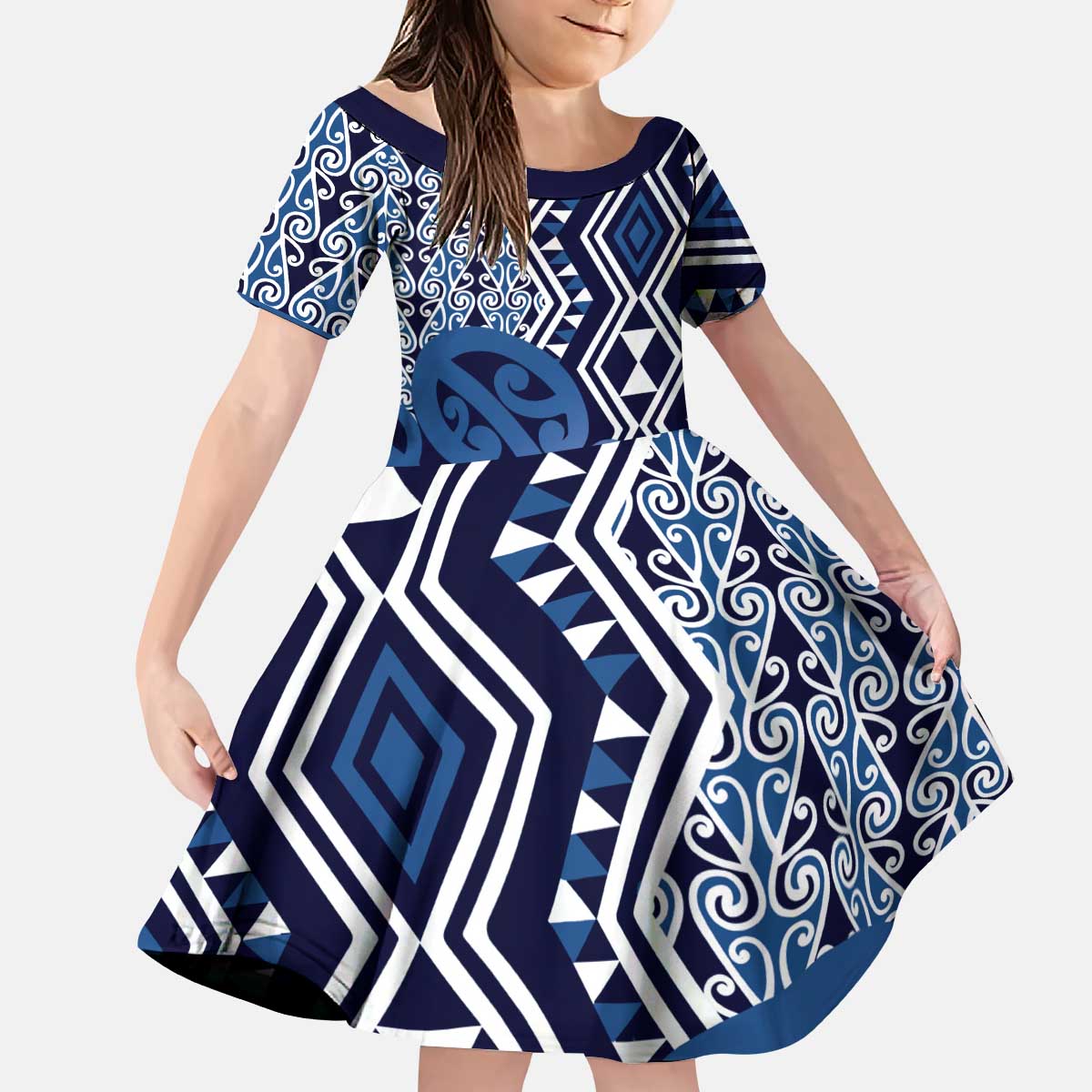 New Zealand Kid Short Sleeve Dress Aotearoa Kowhaiwhai Mix Taniko Art - Blue - Vibe Hoodie Shop