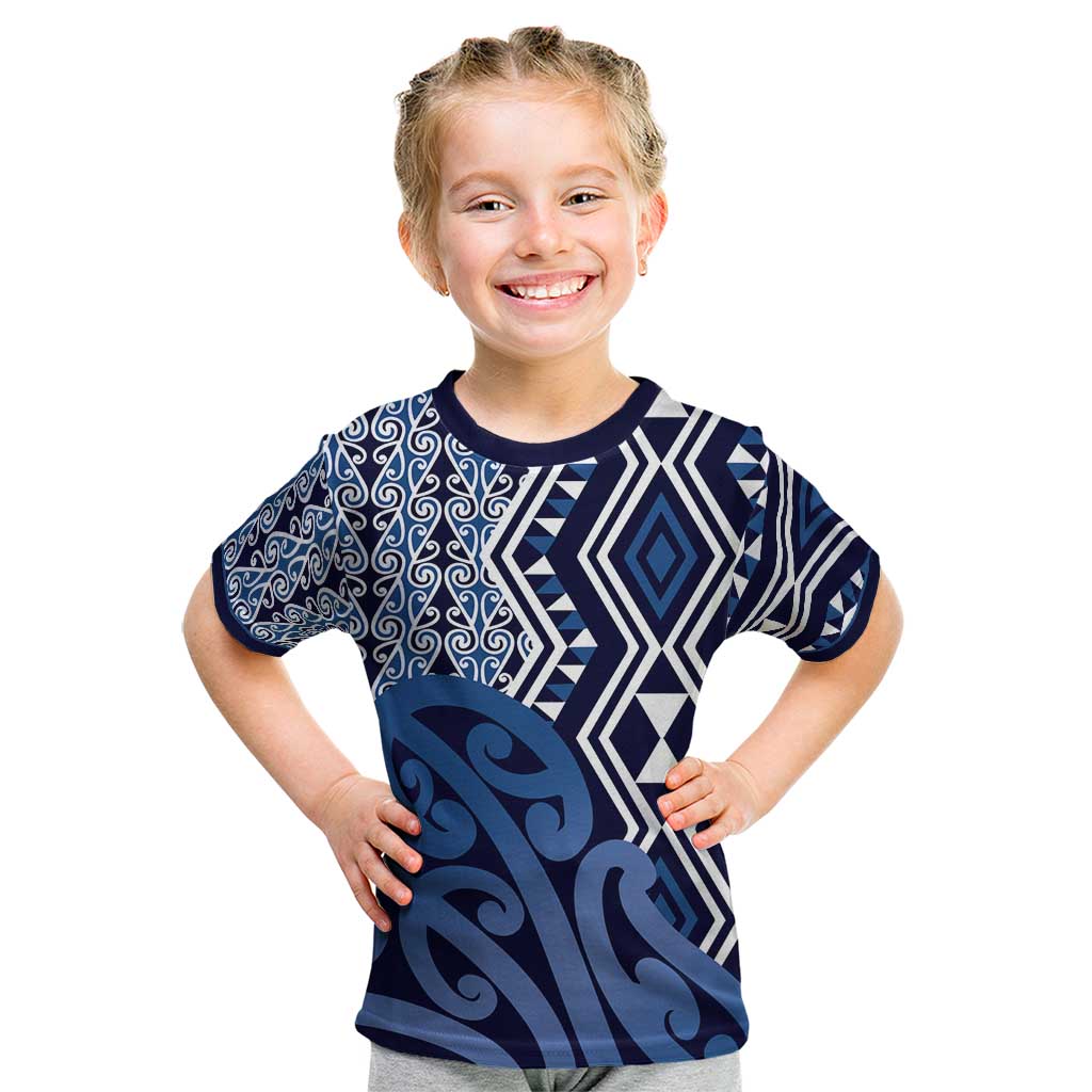 New Zealand Kid T Shirt Aotearoa Kowhaiwhai Mix Taniko Art - Blue - Vibe Hoodie Shop