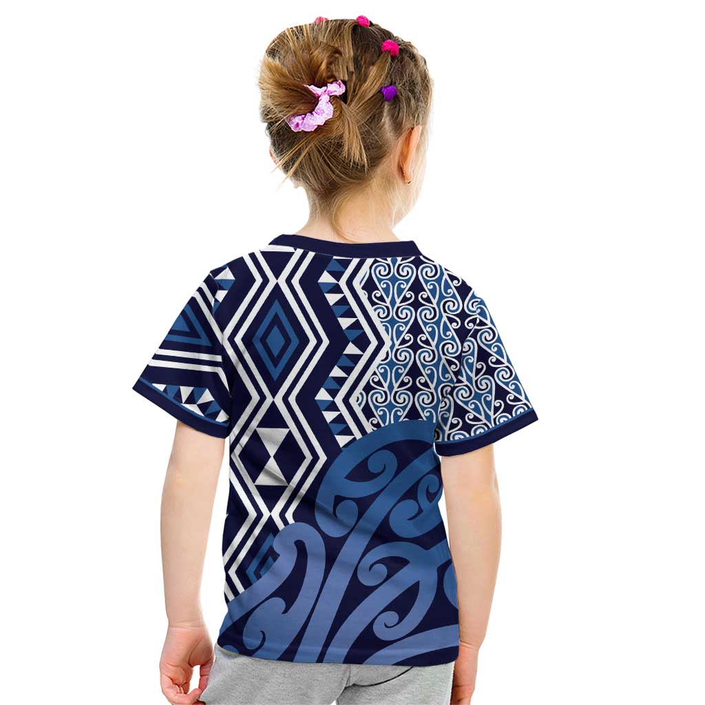 New Zealand Kid T Shirt Aotearoa Kowhaiwhai Mix Taniko Art - Blue - Vibe Hoodie Shop