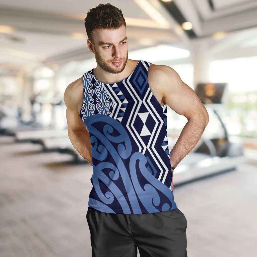 New Zealand Men Tank Top Aotearoa Kowhaiwhai Mix Taniko Art - Blue - Vibe Hoodie Shop