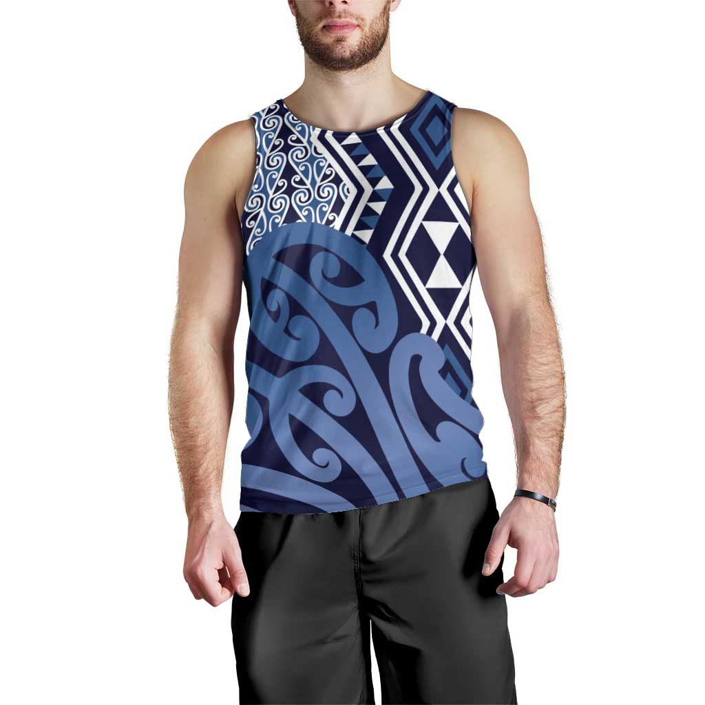 New Zealand Men Tank Top Aotearoa Kowhaiwhai Mix Taniko Art - Blue - Vibe Hoodie Shop