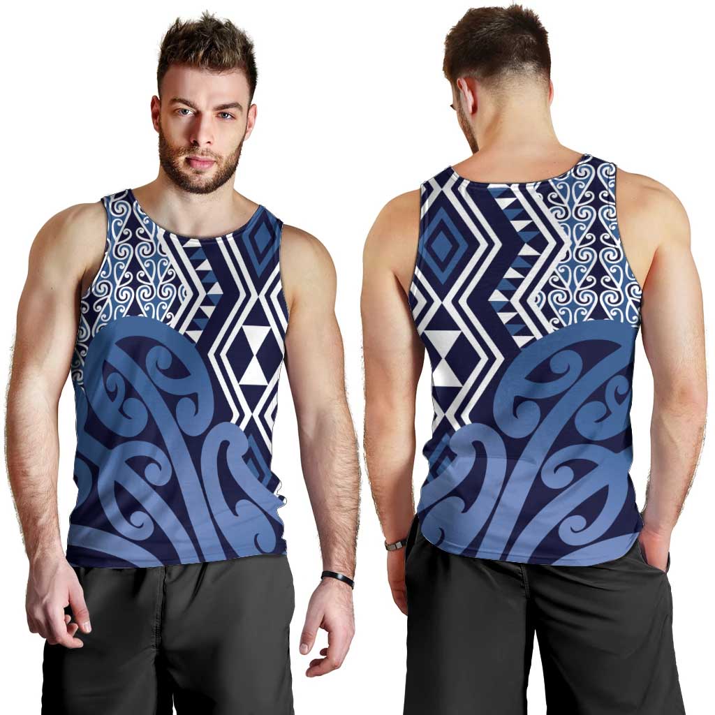 New Zealand Men Tank Top Aotearoa Kowhaiwhai Mix Taniko Art - Blue - Vibe Hoodie Shop