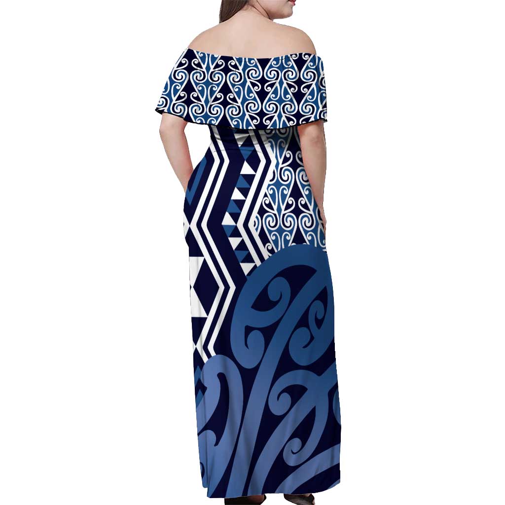 New Zealand Off Shoulder Maxi Dress Aotearoa Kowhaiwhai Mix Taniko Art - Blue