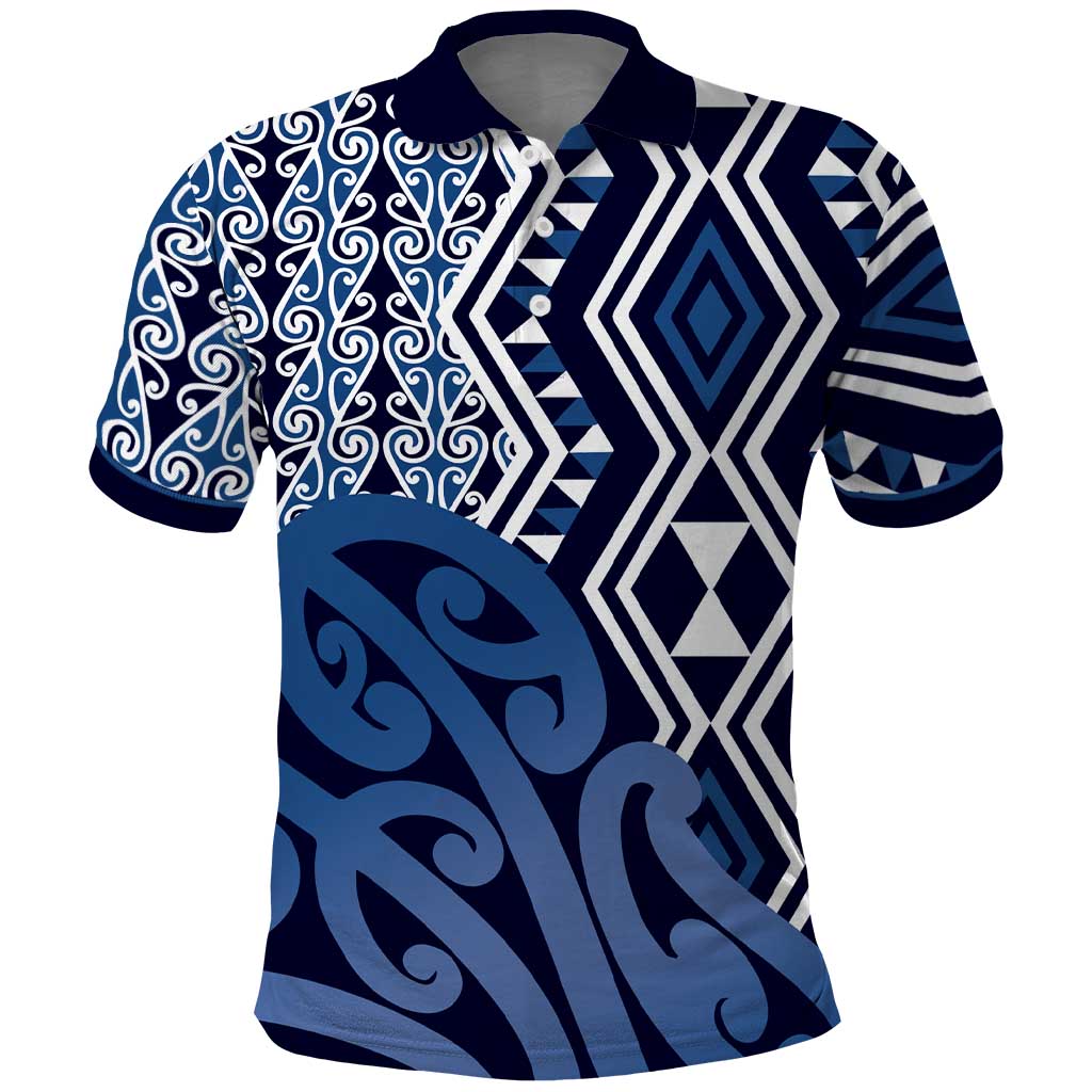 New Zealand Polo Shirt Aotearoa Kowhaiwhai Mix Taniko Art - Blue - Vibe Hoodie Shop