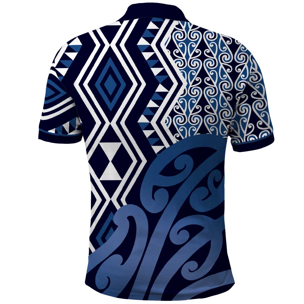 New Zealand Polo Shirt Aotearoa Kowhaiwhai Mix Taniko Art - Blue - Vibe Hoodie Shop