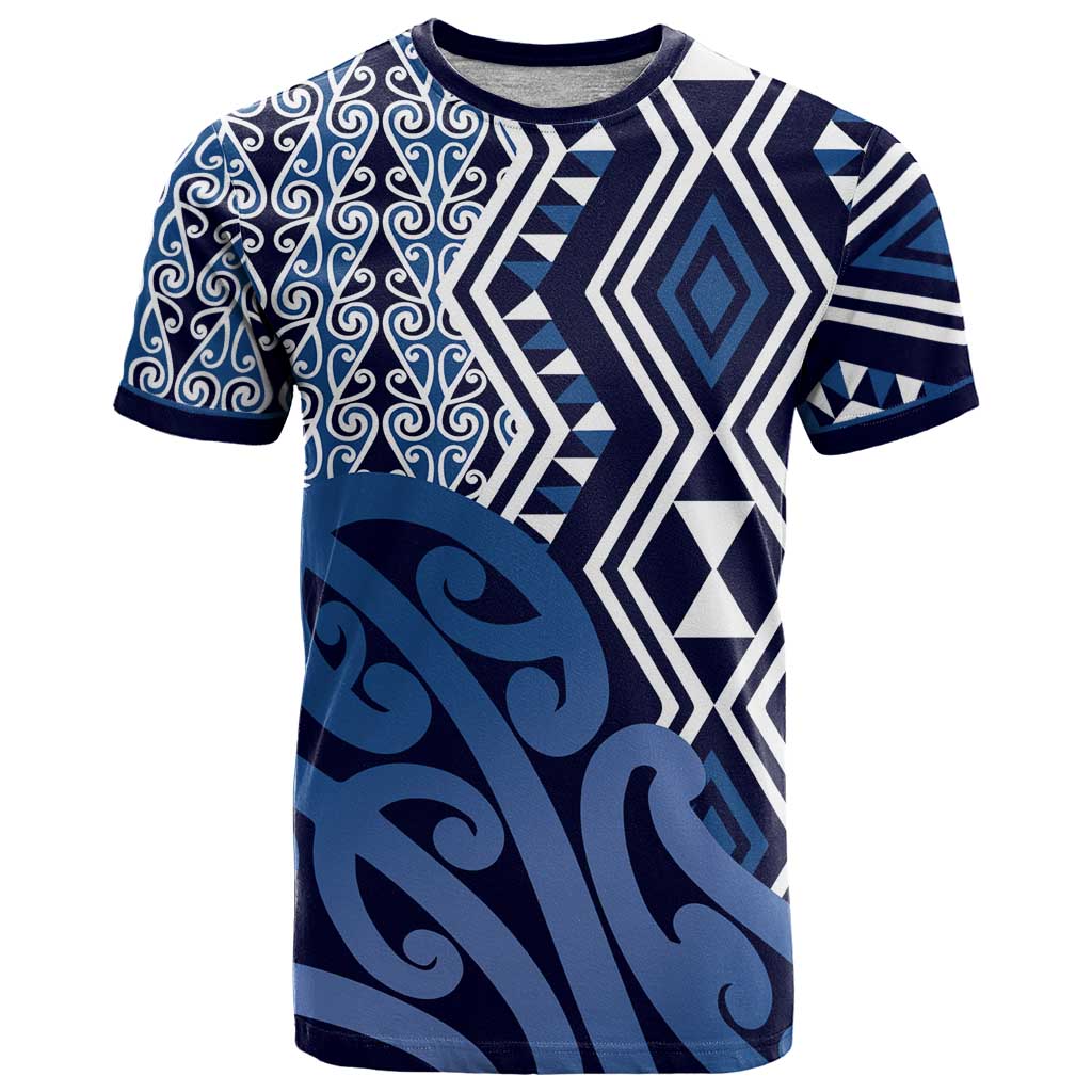 New Zealand T Shirt Aotearoa Kowhaiwhai Mix Taniko Art - Blue - Vibe Hoodie Shop