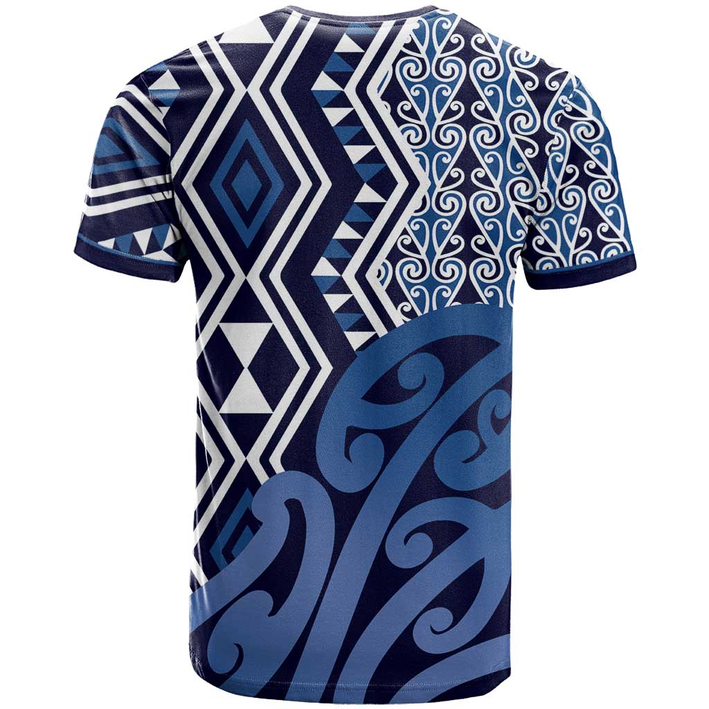 New Zealand T Shirt Aotearoa Kowhaiwhai Mix Taniko Art - Blue - Vibe Hoodie Shop