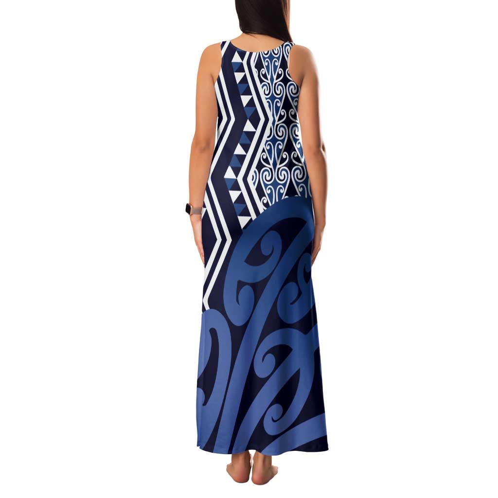 New Zealand Tank Maxi Dress Aotearoa Kowhaiwhai Mix Taniko Art - Blue