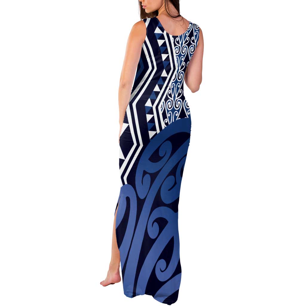 New Zealand Tank Maxi Dress Aotearoa Kowhaiwhai Mix Taniko Art - Blue