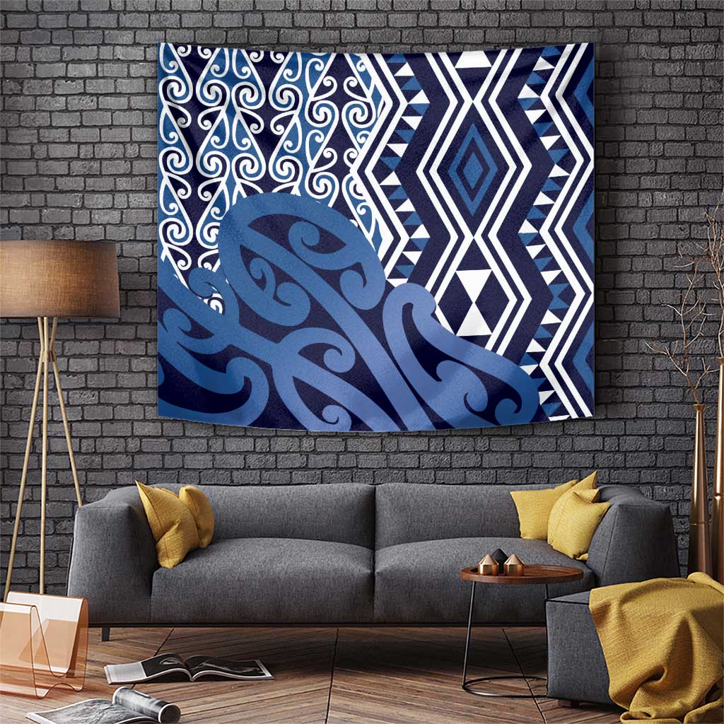 New Zealand Tapestry Aotearoa Kowhaiwhai Mix Taniko Art - Blue - Vibe Hoodie Shop