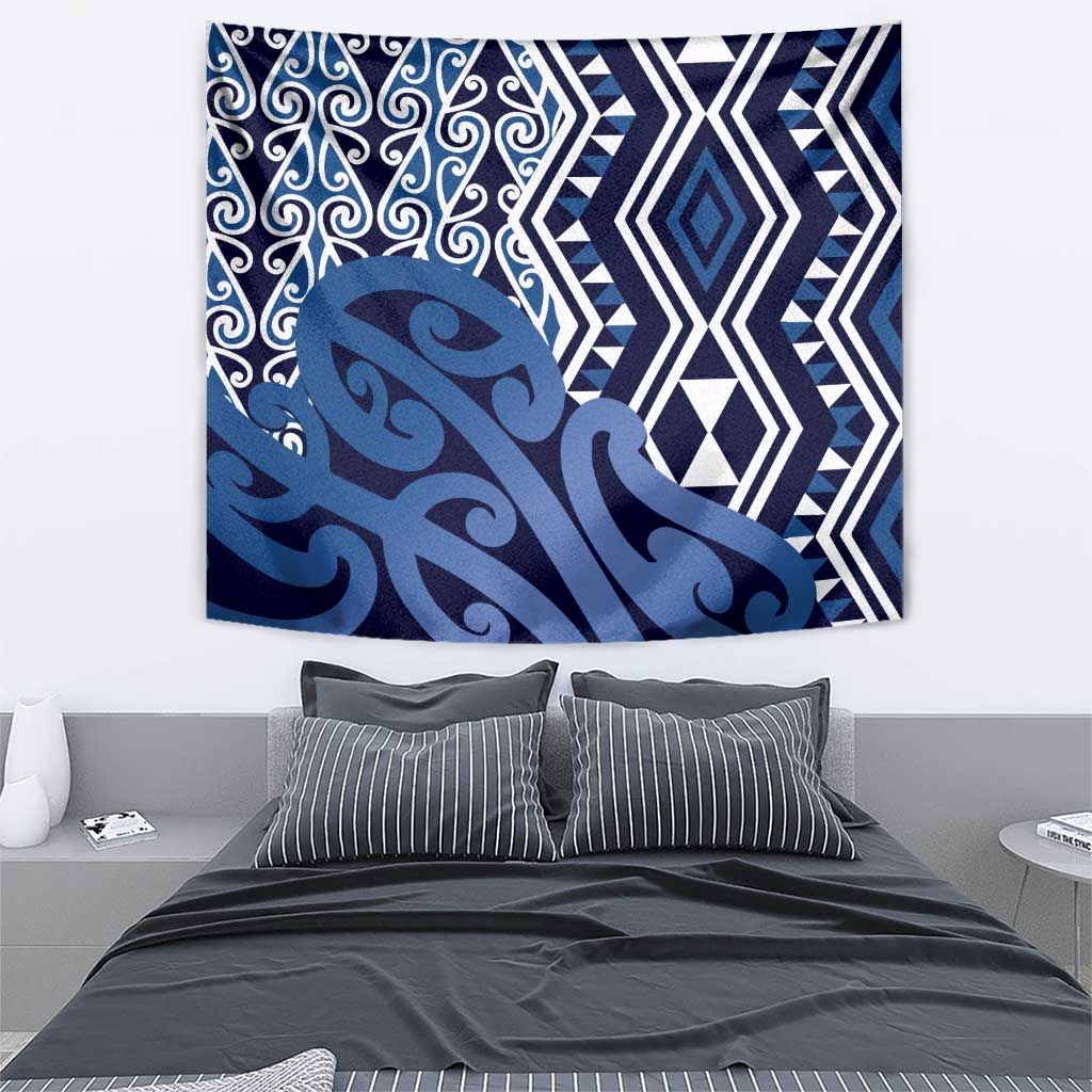 New Zealand Tapestry Aotearoa Kowhaiwhai Mix Taniko Art - Blue - Vibe Hoodie Shop