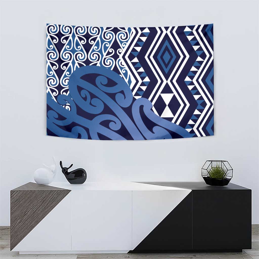 New Zealand Tapestry Aotearoa Kowhaiwhai Mix Taniko Art - Blue - Vibe Hoodie Shop