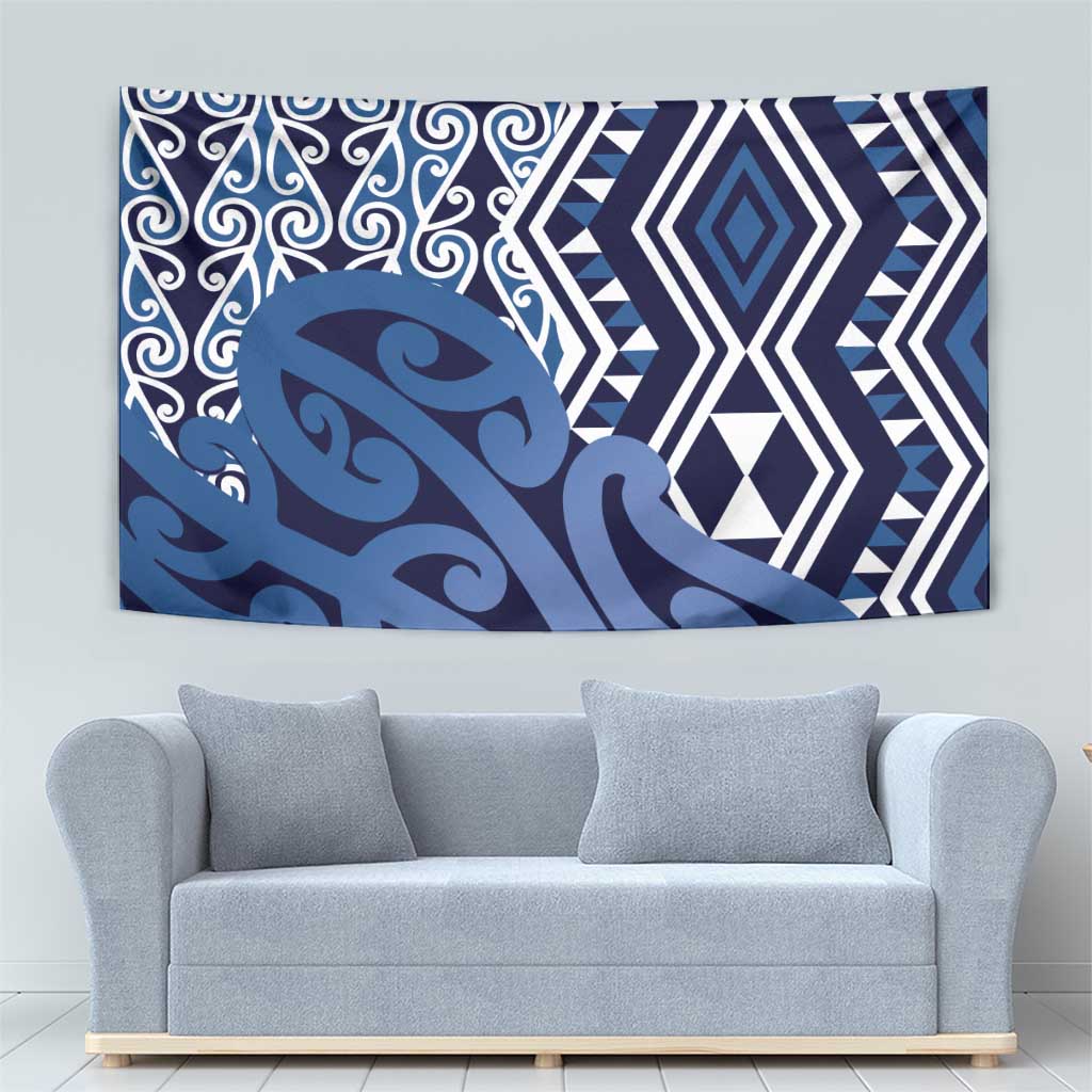 New Zealand Tapestry Aotearoa Kowhaiwhai Mix Taniko Art - Blue - Vibe Hoodie Shop