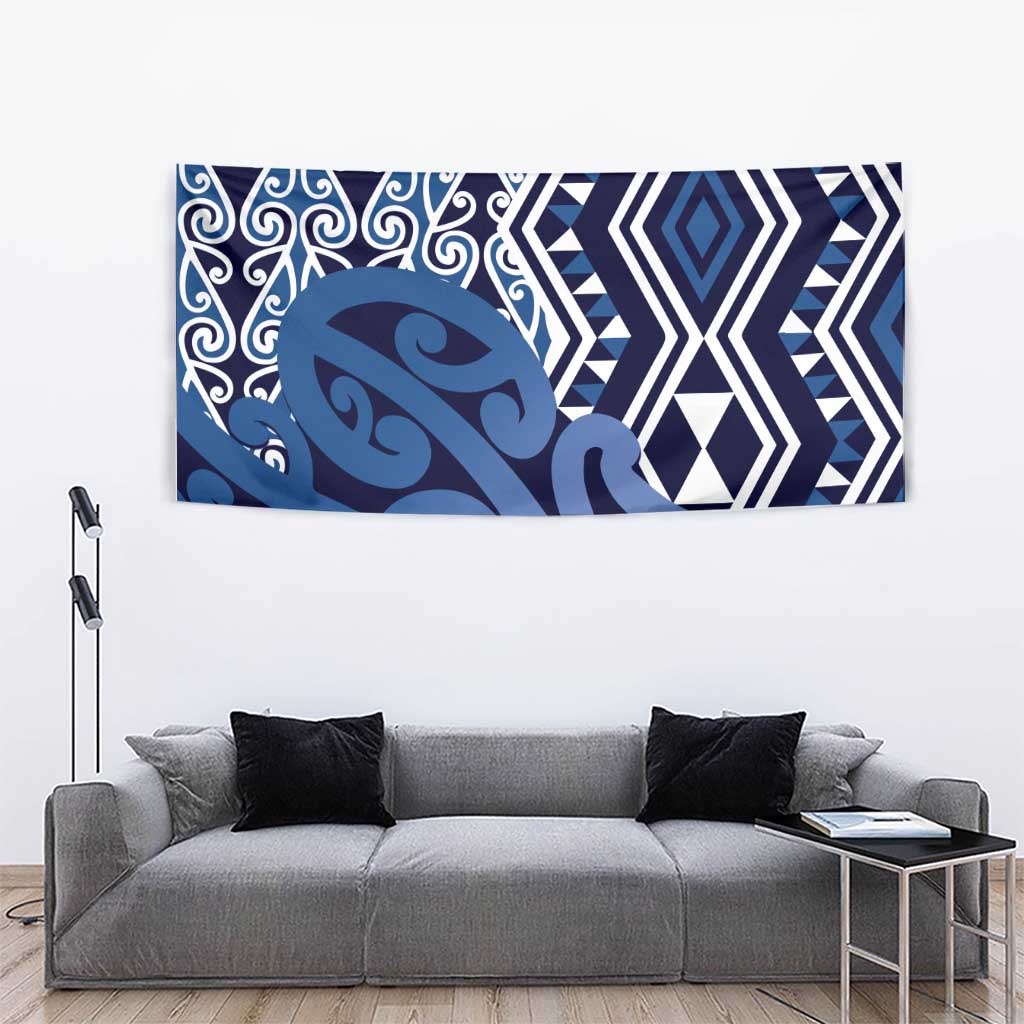 New Zealand Tapestry Aotearoa Kowhaiwhai Mix Taniko Art - Blue - Vibe Hoodie Shop