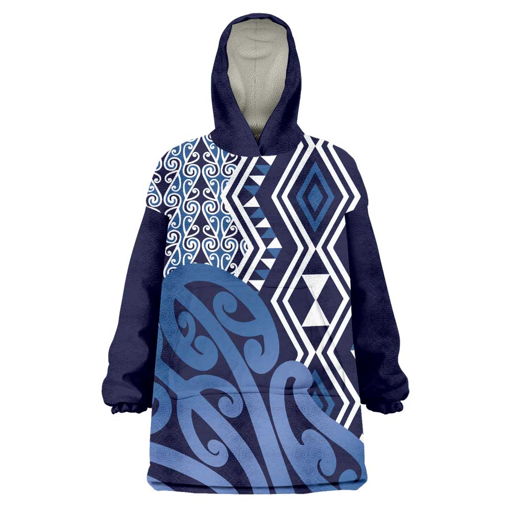 New Zealand Wearable Blanket Hoodie Aotearoa Kowhaiwhai Mix Taniko Art - Blue - Vibe Hoodie Shop