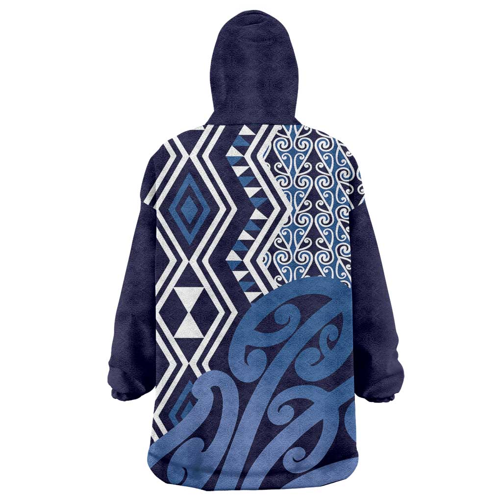 New Zealand Wearable Blanket Hoodie Aotearoa Kowhaiwhai Mix Taniko Art - Blue - Vibe Hoodie Shop