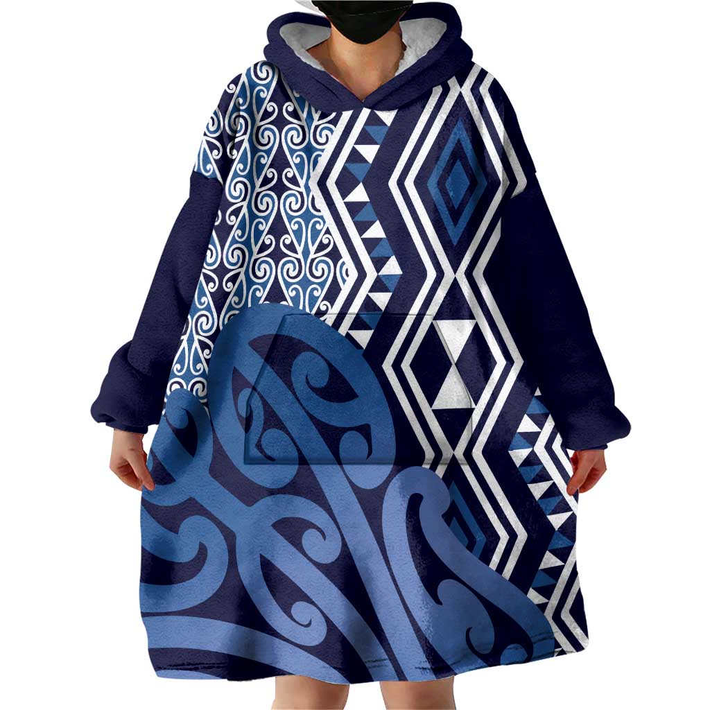 New Zealand Wearable Blanket Hoodie Aotearoa Kowhaiwhai Mix Taniko Art - Blue - Vibe Hoodie Shop