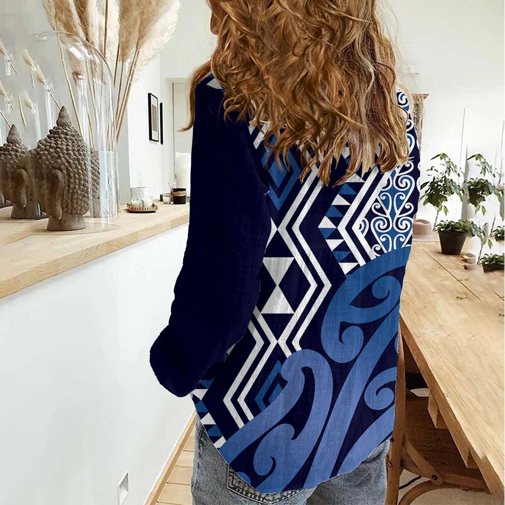 New Zealand Women Casual Shirt Aotearoa Kowhaiwhai Mix Taniko Art - Blue - Vibe Hoodie Shop