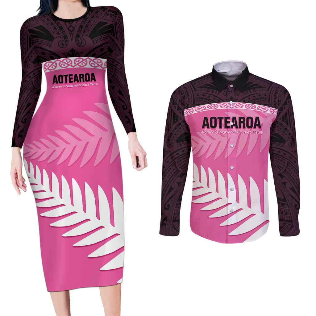 Custom New Zealand Aotearoa Cricket Couples Matching Long Sleeve Bodycon Dress and Long Sleeve Button Shirt Go White Silver Fern