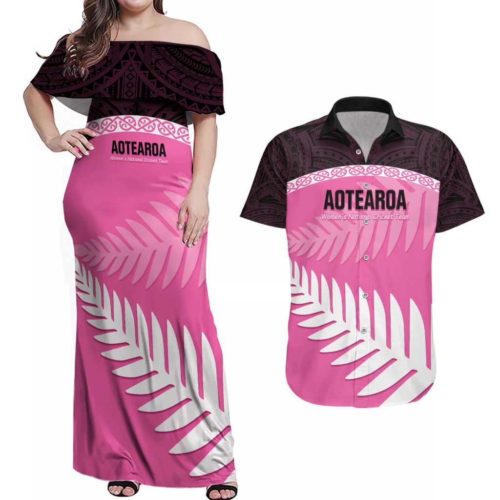 Custom New Zealand Aotearoa Cricket Couples Matching Off Shoulder Maxi Dress and Hawaiian Shirt Go White Silver Fern