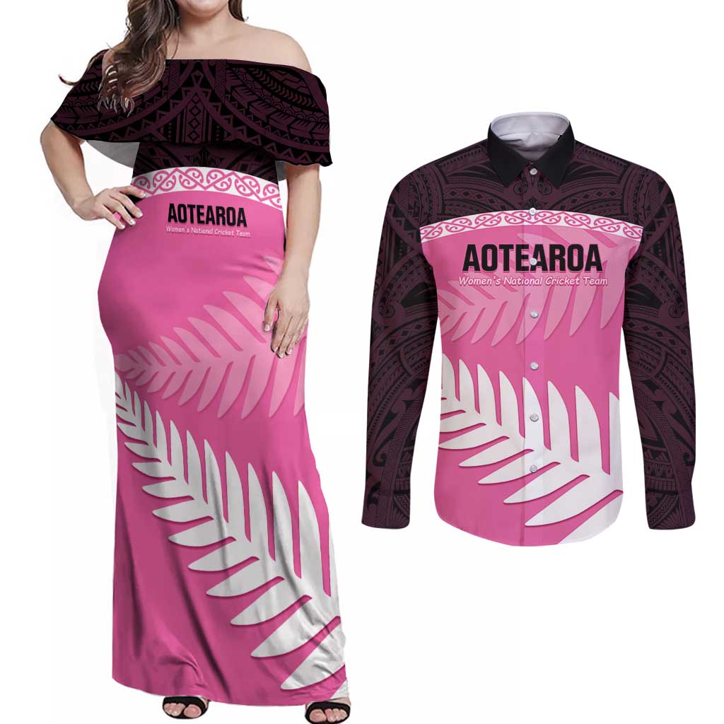 Custom New Zealand Aotearoa Cricket Couples Matching Off Shoulder Maxi Dress and Long Sleeve Button Shirt Go White Silver Fern