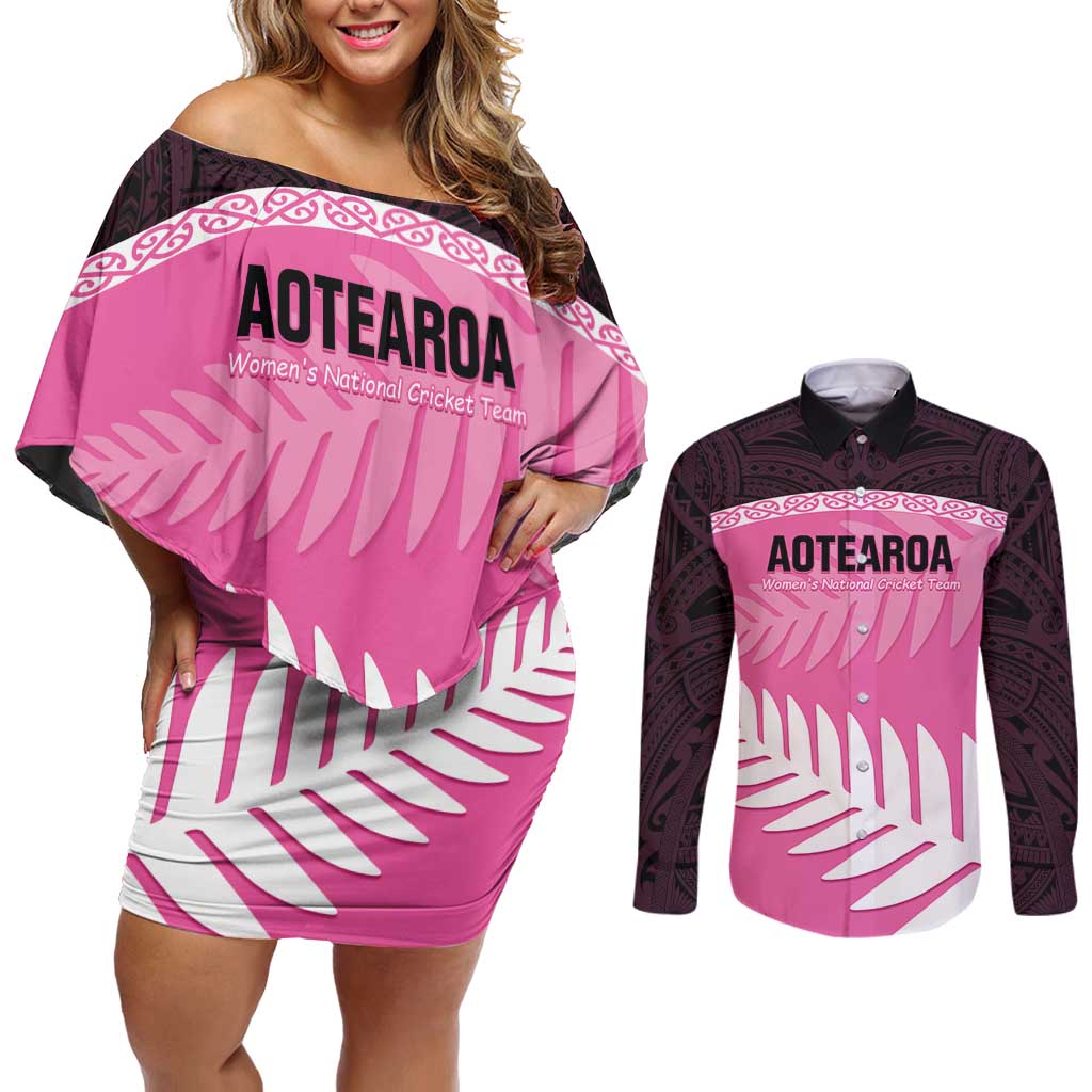 Custom New Zealand Aotearoa Cricket Couples Matching Off Shoulder Short Dress and Long Sleeve Button Shirt Go White Silver Fern