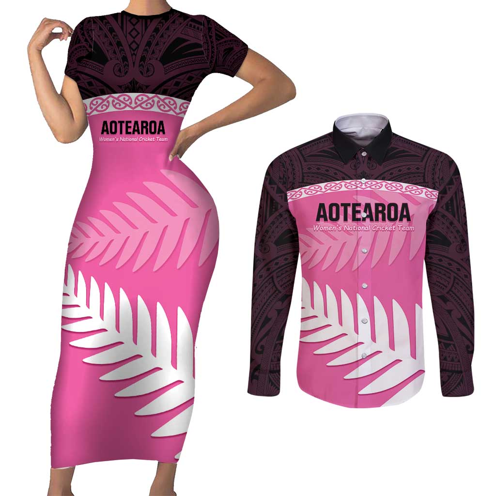 Custom New Zealand Aotearoa Cricket Couples Matching Short Sleeve Bodycon Dress and Long Sleeve Button Shirt Go White Silver Fern