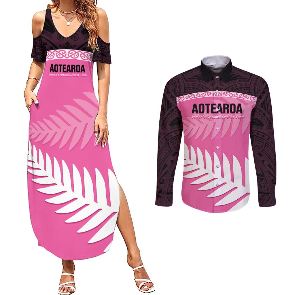 Custom New Zealand Aotearoa Cricket Couples Matching Summer Maxi Dress and Long Sleeve Button Shirt Go White Silver Fern