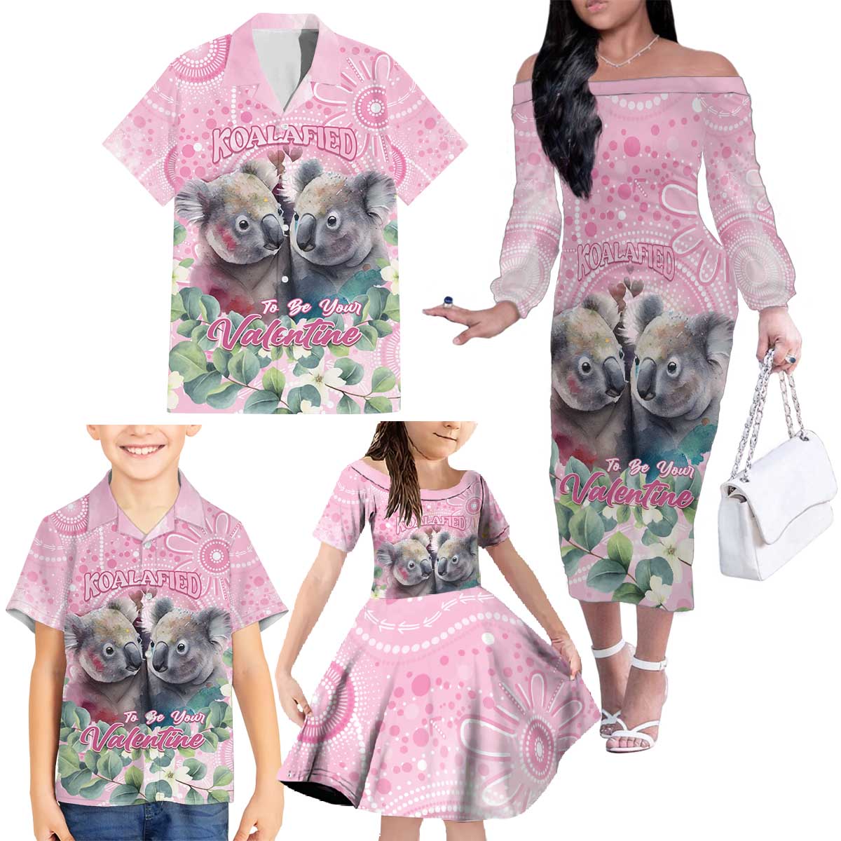 Australia Koala Valentine's Day Family Matching Off The Shoulder Long Sleeve Dress and Hawaiian Shirt Koalified To Be Your Valentine