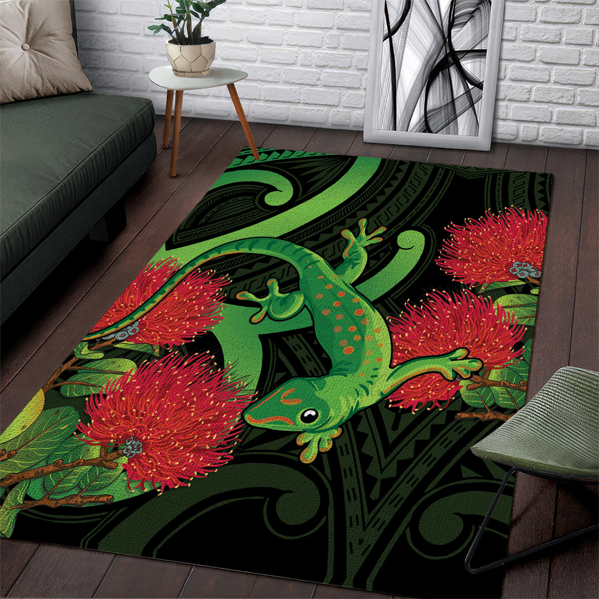 New Zealand Gecko Area Rug Aotearoa Maori With Pohutukawa Flowers - Vibe Hoodie Shop