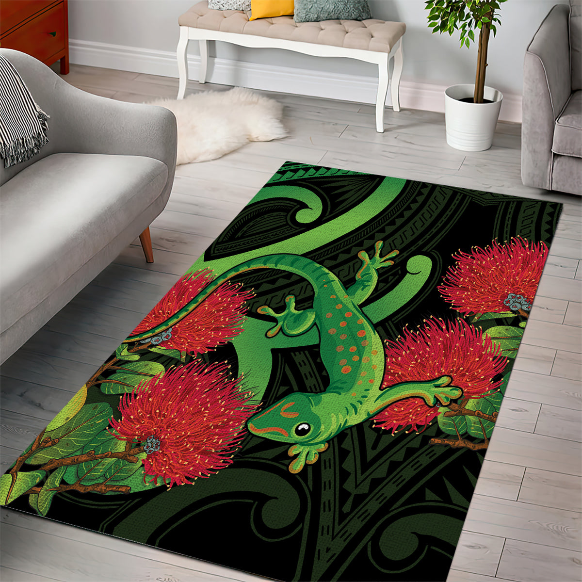 New Zealand Gecko Area Rug Aotearoa Maori With Pohutukawa Flowers - Vibe Hoodie Shop