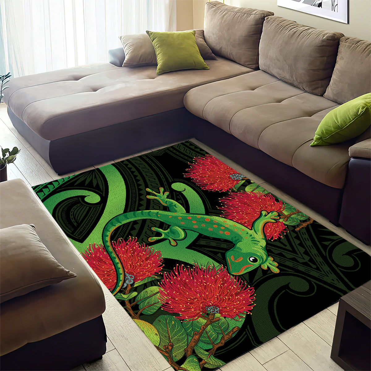 New Zealand Gecko Area Rug Aotearoa Maori With Pohutukawa Flowers - Vibe Hoodie Shop