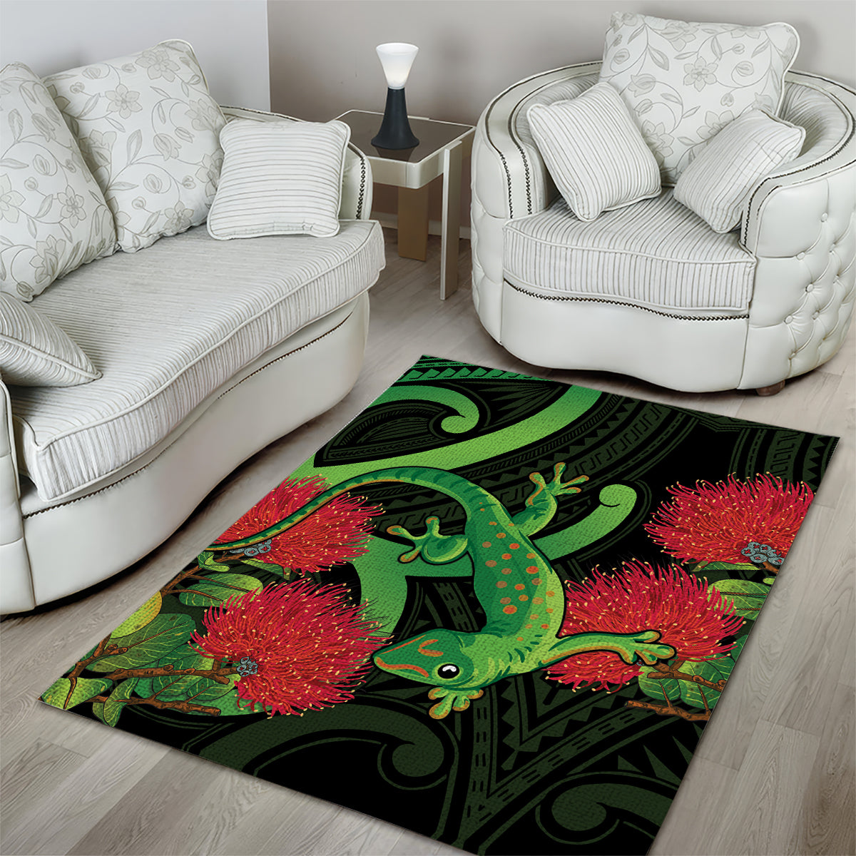 New Zealand Gecko Area Rug Aotearoa Maori With Pohutukawa Flowers - Vibe Hoodie Shop