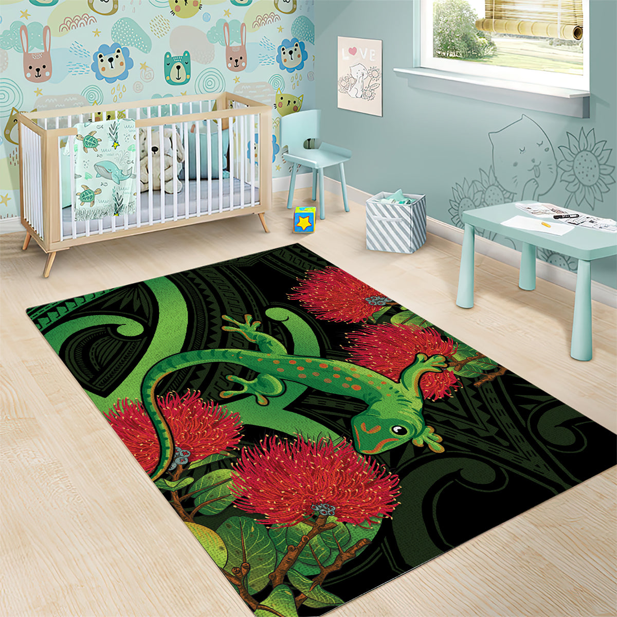 New Zealand Gecko Area Rug Aotearoa Maori With Pohutukawa Flowers - Vibe Hoodie Shop