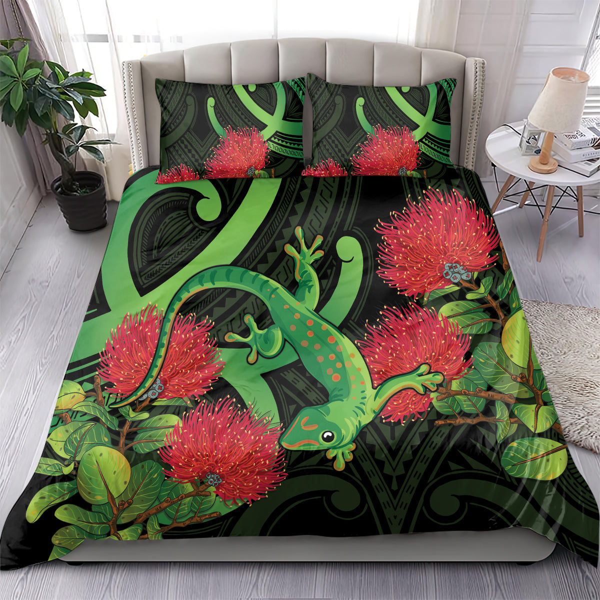 New Zealand Gecko Bedding Set Aotearoa Maori With Pohutukawa Flowers - Vibe Hoodie Shop